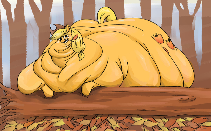 Size: 1289x800 | Tagged: questionable, artist:bonusart, derpibooru import, applejack, earth pony, pony, applebutt, applefat, autumn, bedroom eyes, blob, chubby cheeks, double chin, fat, forest, freckles, impossibly large belly, impossibly large butt, impossibly large everything, kitchen eyes, leaves, log, morbidly obese, obese, tree, whitetail woods