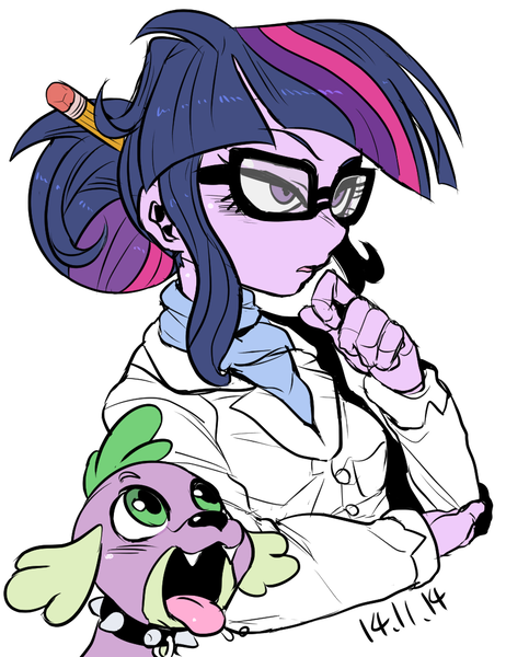 Size: 866x1125 | Tagged: dead source, safe, artist:nekubi, derpibooru import, sci-twi, spike, spike the regular dog, twilight sparkle, dog, equestria girls, rainbow rocks, clothes, female, glasses, hair bun, lab coat, open mouth, pencil, scientist, simple background, tongue out, white background