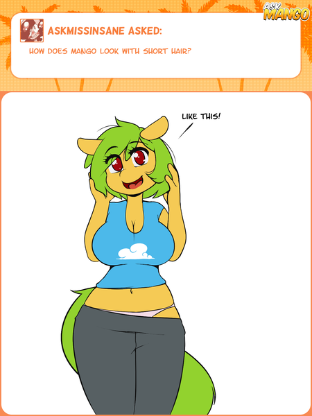 Size: 1200x1600 | Tagged: anthro, artist:3mangos, ask, ask mango, belly button, cleavage, clothes, derpibooru import, female, midriff, oc, oc:mango, panties, pink underwear, safe, short hair, solo, tumblr, underwear, unofficial characters only