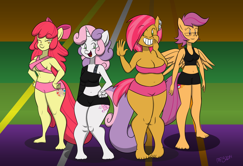 Size: 3500x2400 | Tagged: anthro, apple bloom, artist:mofetafrombrooklyn, ask nudist sweetie belle, babs seed, belly button, breasts, busty apple bloom, busty babs seed, clothes, cutie mark crusaders, derpibooru import, feet, female, midriff, older, plantigrade anthro, scootaloo, shorts, suggestive, sweetie belle, tanktop