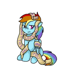 Size: 1000x1000 | Tagged: artist:stockingstreams, derpibooru import, old banner, rainbond dash, rainbow dash, raised eyebrow, safe, simple background, solo, tied up, transparent background, unamused