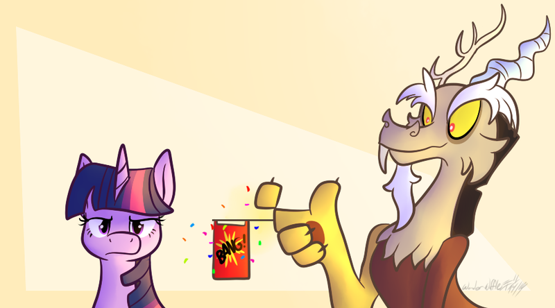 Size: 900x500 | Tagged: safe, artist:wonder-waffle, derpibooru import, discord, twilight sparkle, bang, confetti, duo, finger gun, twilight is not amused, unamused