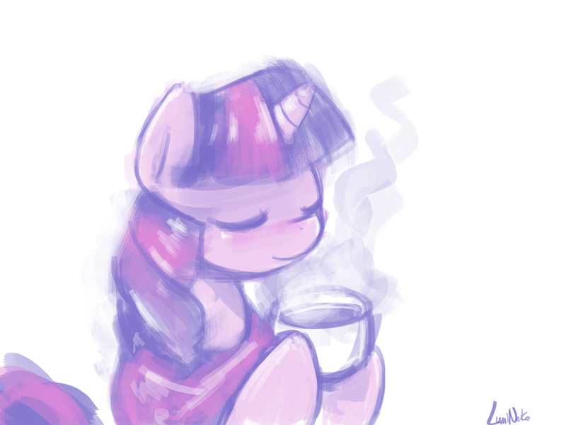 Size: 960x720 | Tagged: artist:lumineko, blanket, coffee, coffee mug, derpibooru import, eyes closed, mug, safe, solo, twilight sparkle