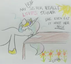 Size: 2717x2448 | Tagged: artist needed, safe, derpibooru import, princess celestia, ponified, alicorn, pony, cocaine, crayon drawing, drugs, eyes closed, female, flower, mare, misspelling, snorting, solo, sun, traditional art, wat, wingless