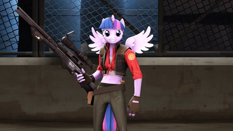 Size: 1191x670 | Tagged: 3d, alicorn, anthro, artist:mitothebest96, belly button, crossover, derpibooru import, female, front knot midriff, gun, horn, midriff, optical sight, parody, rifle, safe, smiling, sniper, sniper rifle, solo, source filmmaker, spread wings, team fortress 2, teeth, twilight sparkle, twilight sparkle (alicorn), weapon, wings