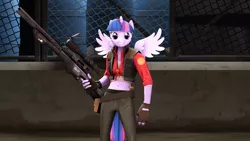 Size: 1191x670 | Tagged: 3d, alicorn, anthro, artist:mitothebest96, belly button, crossover, derpibooru import, female, front knot midriff, gun, horn, midriff, optical sight, parody, rifle, safe, smiling, sniper, sniper rifle, solo, source filmmaker, spread wings, team fortress 2, teeth, twilight sparkle, twilight sparkle (alicorn), weapon, wings