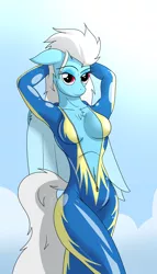 Size: 800x1400 | Tagged: anthro, artist:djp15, breasts, busty fleetfoot, chest fluff, cleavage, clothes, derpibooru import, female, fleetfoot, floppy ears, looking at you, open clothes, seductive pose, solo, stupid sexy fleetfoot, suggestive, wonderbolts uniform