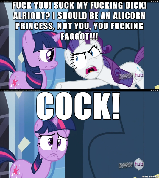 Size: 610x686 | Tagged: alicorn drama, angry, caption, derpibooru import, edit, edited screencap, games ponies play, implied futa, insulting rarity, meme, rarity, screencap, suggestive, twilight sparkle, vulgar