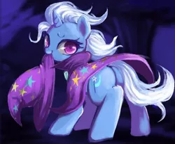 Size: 614x508 | Tagged: safe, artist:susu, derpibooru import, trixie, pony, unicorn, cute, diatrixes, female, lidded eyes, looking at you, looking back, mare, messy mane, mouth hold, nom, plot, smiling, solo, trixie's cape, trixie's hat, windswept mane