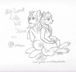 Size: 2625x2496 | Tagged: safe, artist:littlewolfstudios, derpibooru import, oc, oc:kirawolf, unofficial characters only, wolf, blushing, commission, design, digital art, female, furry, monochrome, non-mlp oc, patreon, sitting, smiling, support