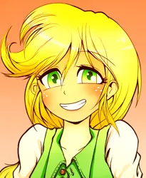 Size: 600x730 | Tagged: safe, artist:zat, derpibooru import, applejack, equestria girls, blushing, cute, grin, hatless, looking at you, missing accessory, portrait, smiling, solo