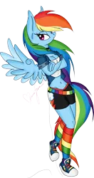 Size: 1784x3381 | Tagged: anthro, artist:silent-shadow-wolf, belly button, clothes, converse, derpibooru import, rainbow dash, rainbow socks, safe, shoes, simple background, sneakers, socks, solo, striped socks, transparent background