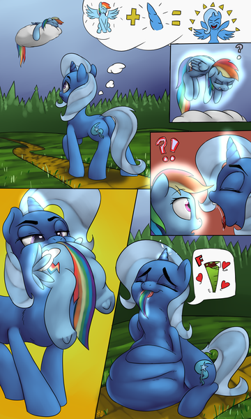 Size: 3000x5000 | Tagged: artist:shdingo, backwards cutie mark, belly, cloud, comic, derpibooru import, endosoma, fetish, impregestion, magic, non-fatal vore, questionable, rainbow dash, sleeping, throat bulge, trixie, trixie predamoon, underhoof, vore, vore transformation, wingin' it to fame