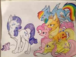 Size: 1024x768 | Tagged: safe, artist:silent-shadow-wolf, derpibooru import, applejack, fluttershy, pinkie pie, rainbow dash, rarity, twilight sparkle, twilight sparkle (alicorn), wolf, cute, flutterwolf, mane six, pinkie wolf, species swap, traditional art, twiabetes, twiwolf, wolf dash, wolfity, wolfjack, wolves