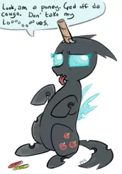 Size: 594x850 | Tagged: safe, artist:mcponyponypony, derpibooru import, oc, oc:danganya, unofficial characters only, changeling, changeling oc, crayon, cute, cuteling, cutie mark, fake cutie mark, fake horn, seems legit, solo, tape, toilet paper roll, tongue out