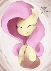 Size: 525x729 | Tagged: artist:dotkwa, derpibooru import, eyes closed, fluttershy, happy birthday, safe, smiling, solo