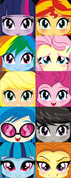 Size: 957x2391 | Tagged: safe, artist:eljoeydesigns, derpibooru import, adagio dazzle, applejack, fluttershy, octavia melody, pinkie pie, rainbow dash, sonata dusk, sunset shimmer, twilight sparkle, vinyl scratch, equestria girls, rainbow rocks, blushing