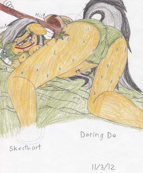 Size: 2525x3061 | Tagged: anthro, artist:skecthart, ass, cameltoe, clothes, crying, daring do, derpibooru import, female, panties, questionable, solo, solo female, sweat, traditional art, underwear