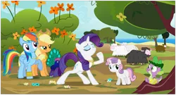 Size: 9000x4858 | Tagged: absurd resolution, applejack, artist:xenoneal, derpibooru import, fine art parody, golden apple, peacock, rainbow dash, rarity, safe, scootaloo, sheep, spike, .svg available, sweetie belle, the judgement of paris, vector