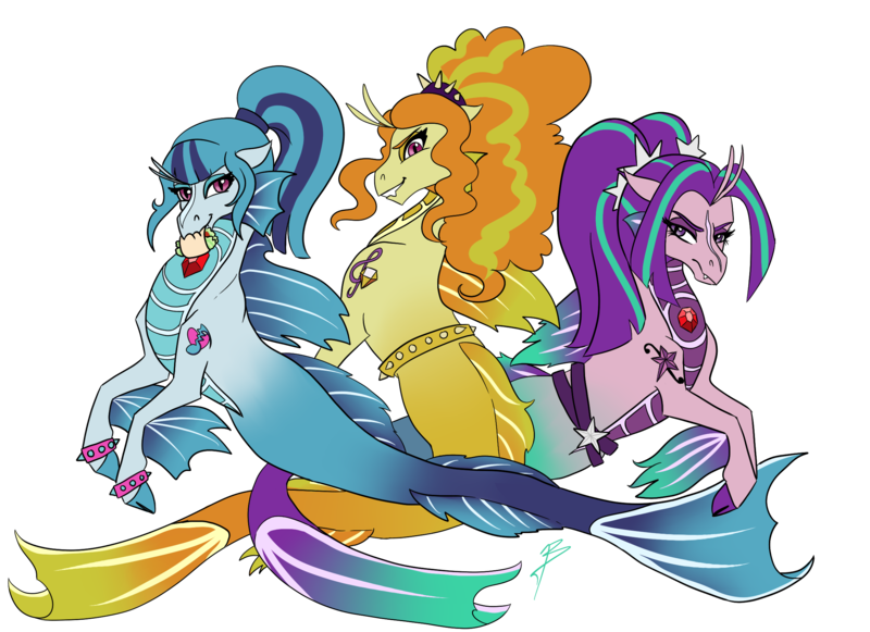 Size: 2339x1700 | Tagged: safe, artist:dragonademetal, derpibooru import, adagio dazzle, aria blaze, sonata dusk, hippocampus, merpony, siren, equestria girls, rainbow rocks, semi-realistic, sonataco, taco, the dazzlings, true form