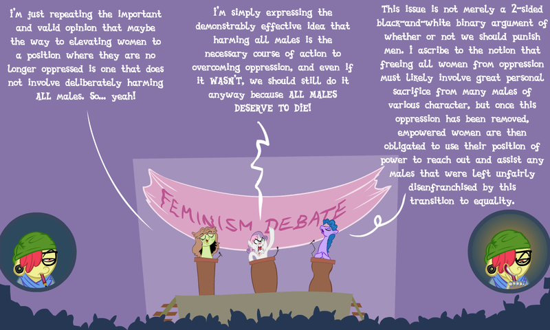 Size: 1196x718 | Tagged: ap-pleb-loom, apple bloom, artist:brutamod, ass brutalewd, brutalewd, debate, derpibooru import, feminism, fury belle, oc, oc:checked privilege, oc:slut shamed, safe, sweetie belle, symbolism