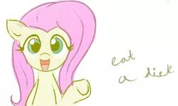 Size: 449x268 | Tagged: suggestive, artist:askumfluttershy, derpibooru import, edit, fluttershy, pony, bust, dialogue, eat a dick, female, insult, looking at you, mare, open mouth, out of character, raised hoof, reaction image, simple background, smiling, solo, vulgar, white background