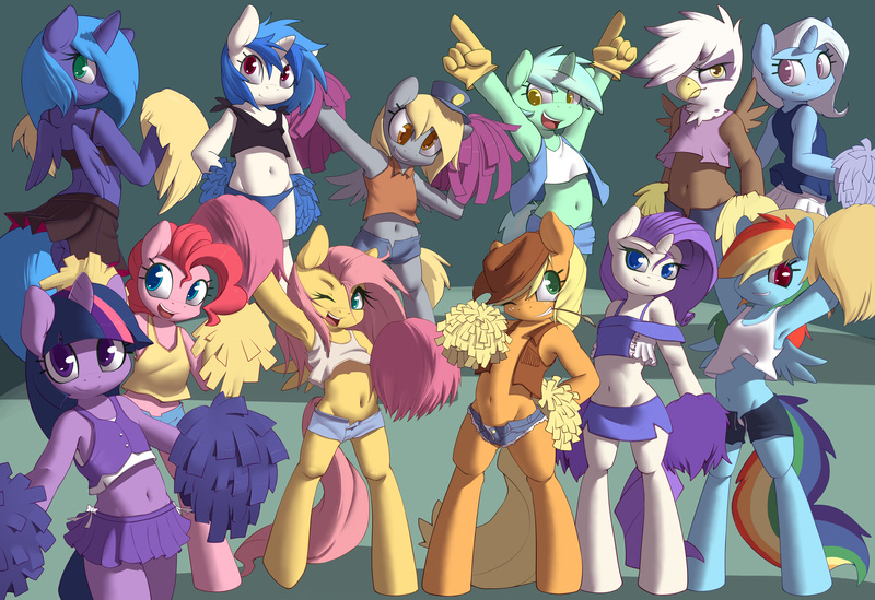 Size: 5738x3938 | Tagged: suggestive, artist:grumblepluck, artist:kevinsano, derpibooru import, applejack, derpy hooves, fluttershy, gilda, lyra heartstrings, pinkie pie, princess luna, rainbow dash, rarity, trixie, twilight sparkle, vinyl scratch, gryphon, semi-anthro, absurd resolution, armpits, belly button, bipedal, cheerleader, clothes, collaboration, cute, dashabetes, derpabetes, diapinkes, diatrixes, female, females only, gildadorable, grin, happy, jackabetes, lunabetes, lyrabetes, mane six, midriff, open fly, panties, pettanko, pom pom, raribetes, s1 luna, shyabetes, skirt, smiling, tanktop, thong, twiabetes, underwear, vinylbetes, white underwear, wink