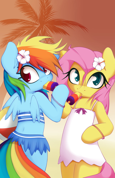 Size: 3338x5138 | Tagged: safe, artist:grumblepluck, derpibooru import, fluttershy, rainbow dash, pegasus, pony, semi-anthro, absurd resolution, attached skirt, beach, bikini, clothes, cute, dress, female, flower, flower in hair, mare, popsicle, sundress, swimsuit