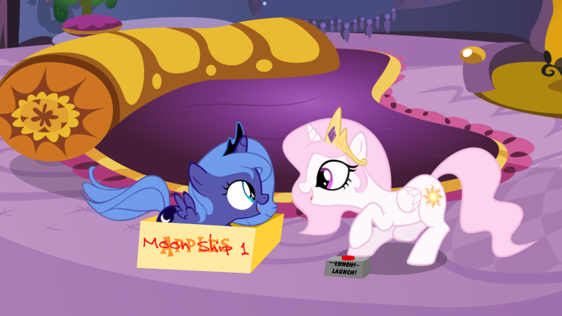 Size: 960x540 | Tagged: artist:pluckyninja, artist:tamalesyatole, box, button, celestias room, cewestia, derpibooru import, eye contact, filly, open mouth, princess celestia, princess luna, safe, smiling, to the moon, woona