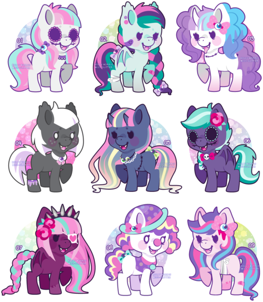 Size: 950x1091 | Tagged: safe, artist:miss-glitter, derpibooru import, oc, unofficial characters only, bat pony, bicorn, earth pony, pony, adoptable, bandage, bandaid, blushing, bow, bowtie, braid, clown nose, earring, eyepatch, fangs, female, flower, freckles, hat, injured, mare, necklace, pigtails, stitches, tail bow, tongue out