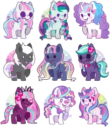 Size: 950x1091 | Tagged: safe, artist:miss-glitter, derpibooru import, oc, unofficial characters only, bat pony, bicorn, earth pony, pony, adoptable, bandage, bandaid, blushing, bow, bowtie, braid, clown nose, earring, eyepatch, fangs, female, flower, freckles, hat, injured, mare, necklace, pigtails, stitches, tail bow, tongue out