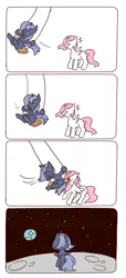 Size: 250x550 | Tagged: 4koma, accident, artist:ard747, cewestia, collision, comic, derpibooru import, disproportionate retribution, filly, pixiv, princess celestia, princess luna, safe, to the moon, woona, woonabuse, younger