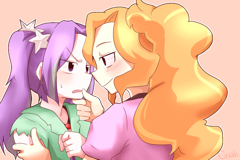 Size: 1200x800 | Tagged: adagio dazzle, adaria, aria blaze, artist:gyaheung, blushing, derpibooru import, female, human, humanized, lesbian, safe, shipping