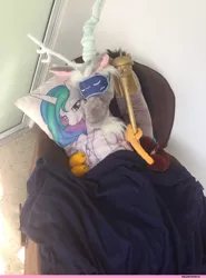 Size: 960x1294 | Tagged: source needed, safe, artist:theparagon, derpibooru import, discord, princess celestia, body pillow, cuddling, dislestia, female, irl, jetblue, male, meta, photo, plushie, shipping, sleep mask, snuggling, straight, twilight scepter