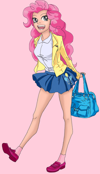 Size: 1131x1961 | Tagged: artist:erim-kawamori, bag, blazer, clothes, crest, derpibooru import, human, humanized, miniskirt, pinkie pie, safe, schoolgirl, school uniform, shirt, shoes, simple background, skirt, socks, solo