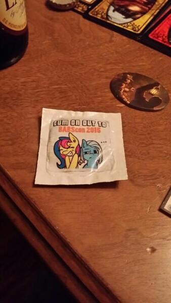 Size: 405x720 | Tagged: 2015, babscon, babscon mascots, condom, convention, custom, derpibooru import, irl, oc, oc:golden gates, photo, suggestive, unofficial characters only