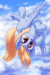 Size: 1000x1500 | Tagged: safe, artist:verulence, derpibooru import, derpy hooves, pegasus, pony, cute, derpabetes, female, flying, mare, solo, upside down