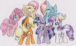 Size: 3020x1850 | Tagged: safe, artist:pprinceran, derpibooru import, applejack, fluttershy, pinkie pie, rainbow dash, rarity, twilight sparkle, twilight sparkle (alicorn), alicorn, pegasus, pony, unicorn, female, mane six, mare, simple background, traditional art, white background