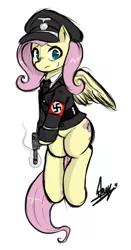 Size: 422x804 | Tagged: safe, artist:starykrow, artist:wuzzlefluff, color edit, derpibooru import, edit, fluttershy, pony, bottomless, cap, clothes, colored, gun, handgun, hat, luger, military uniform, nazi, necktie, pistol, shirt, solo, swastika, sweatdrop, uniform, weapon