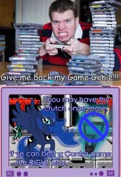 Size: 868x1260 | Tagged: angry, challenge, chris bores, crossover, derpibooru import, edit, exploitable meme, game genie, gamer luna, human, irate gamer, irl, irl human, meme, obligatory pony, photo, photoshop, princess luna, safe, tv meme