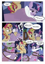 Size: 1024x1448 | Tagged: suggestive, artist:radiantrealm, derpibooru import, sunset shimmer, twilight sparkle, twilight sparkle (alicorn), alicorn, pony, unicorn, equestria girls, bed, big crown thingy, bondage, cloth gag, comic, crown, gag, rope, show accurate, show accurate porn