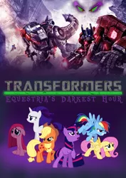 Size: 2480x3508 | Tagged: applejack, artist:edcom02, autobot, clash of hasbro's titans, crossover, darkest hour, derpibooru import, fall of cybertron, fanfic art, fanfic cover, fluttershy, grimlock, king sombra, mane six, optimus prime, pinkie pie, rainbow dash, rarity, robot, safe, transformers, twilight sparkle