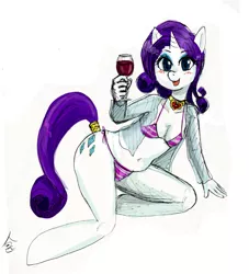 Size: 906x997 | Tagged: anthro, artist:terpa-apret, belly button, blushing, bra, breasts, chubby, clothes, derpibooru import, open clothes, open shirt, panties, rarity, solo, striped underwear, suggestive, underwear, wine