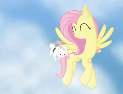 Size: 1021x783 | Tagged: angel bunny, artist:gray-wolf11, cloud, cloudy, derpibooru import, fluttershy, flying, safe, sky