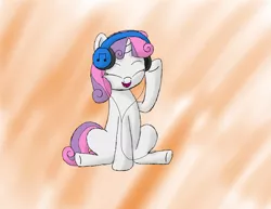 Size: 3233x2500 | Tagged: artist:dash4700, cute, derpibooru import, eyes closed, groovy, headphones, music, older, safe, simple background, sitting, solo, sweetie belle, wub