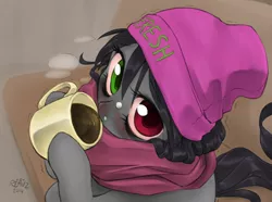 Size: 1094x812 | Tagged: safe, artist:reavz, artist:transgressors-reworks, color edit, derpibooru import, edit, oc, oc:blazing saddles, unofficial characters only, pony, blushing, clothes, coffee, cold, colored, hat, heterochromia, hot chocolate, looking at you, looking up, mug, scarf, solo