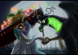 Size: 1024x724 | Tagged: safe, artist:hecatehell, derpibooru import, discord, princess celestia, alicorn, pony, candle, dia de los muertos, dislestia, face paint, female, horn, la muerte, male, shipping, straight, the book of life, wings, xibalba