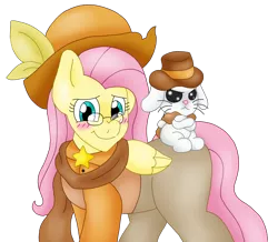 Size: 1216x1058 | Tagged: angel bunny, artist:blackbewhite2k7, commission, deputy, derpibooru import, fluttershy, safe, sheriff, western