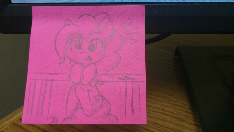 Size: 1280x722 | Tagged: artist:dshou, derpibooru import, pinkie pie, safe, solo, sticky note, traditional art