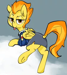 Size: 900x1020 | Tagged: suggestive, artist:whydomenhavenipples, derpibooru import, spitfire, pegasus, pony, butt, clothes, cloud, cloudy, dock, explicit source, featureless crotch, female, image, looking at you, looking back, looking back at you, mare, pencil skirt, plot, png, presenting, skirt, solo, tongue out, uniform, wonderbolts dress uniform